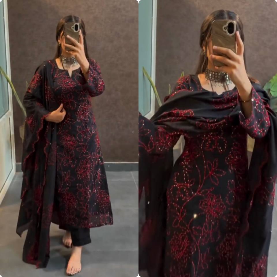 Roman Silk Embroidered Suit with Cutwork Dupatta