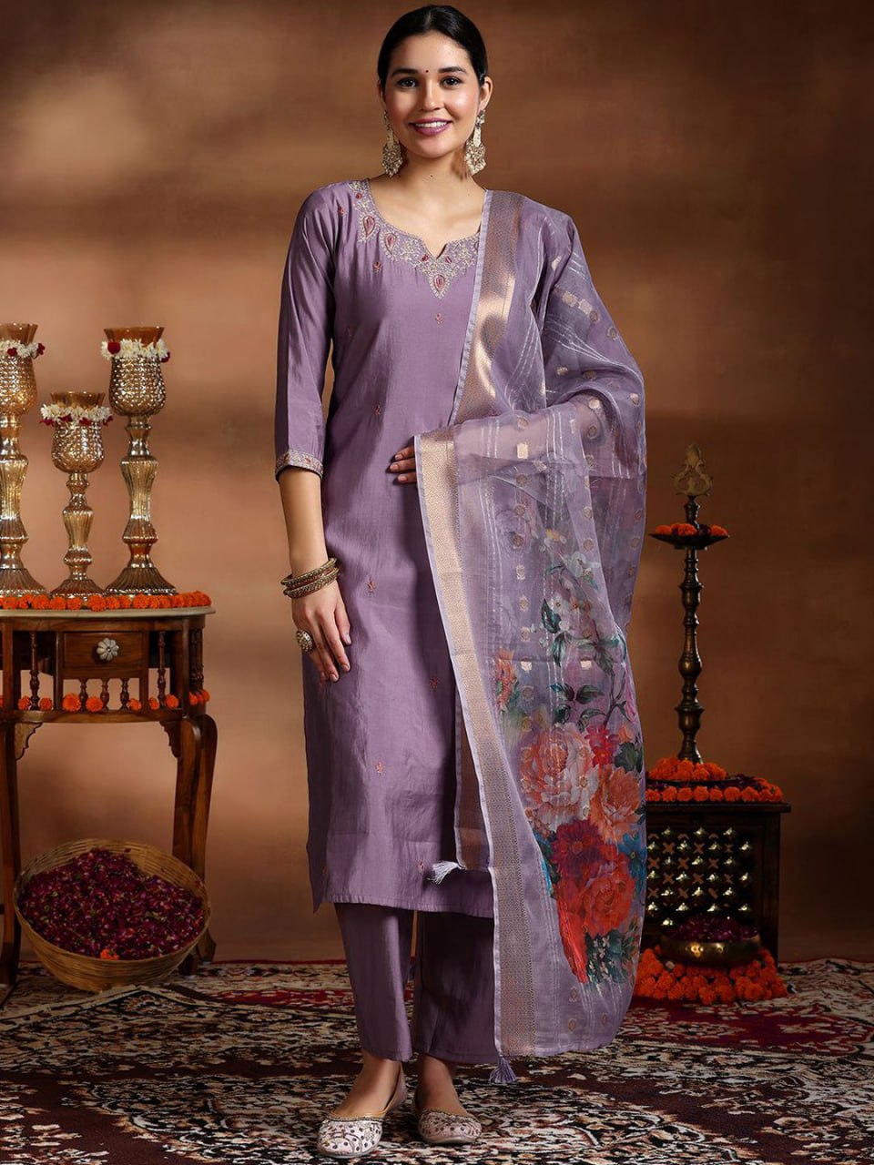 Viscose Kurti Pant Set with Organza Digital Print Dupatta