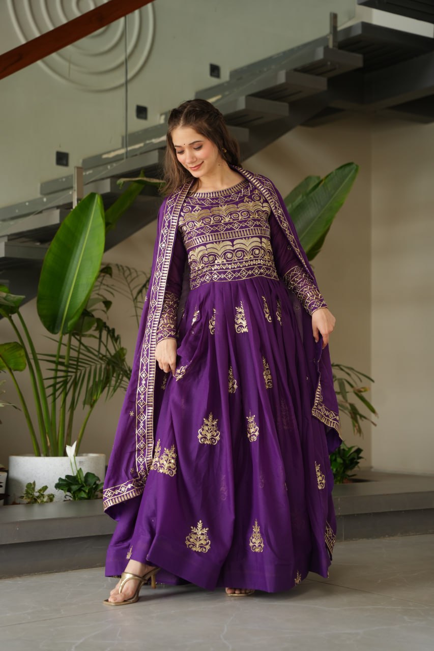 Chinnon Embroidered Gown with Dupatta – Rama & Purple