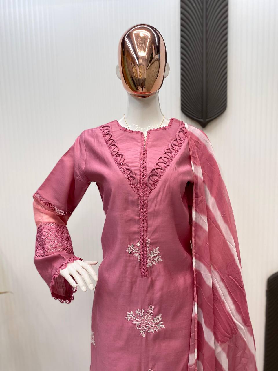 Elegant Roman Silk Suit Set with Silver Chiffon Dupatta