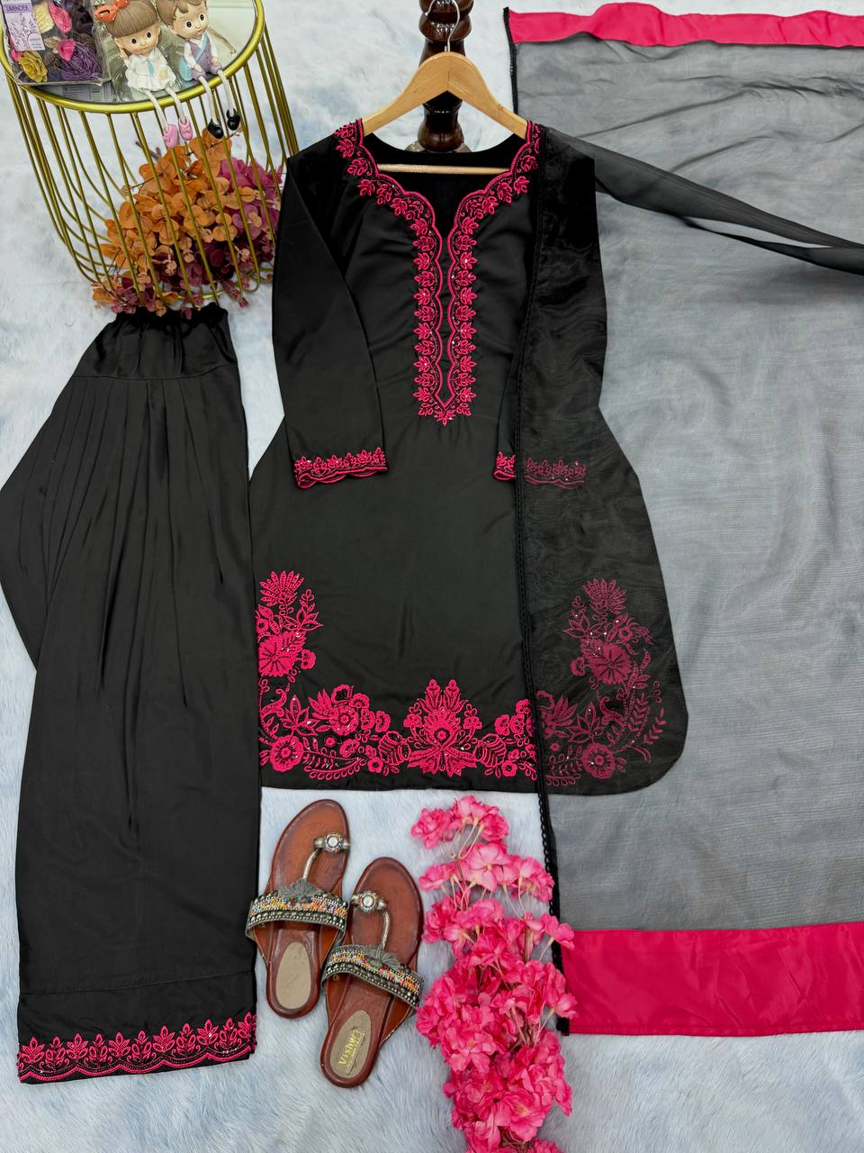 Natural Crepe Top with Farshi Plazzo & Organza Dupatta Set