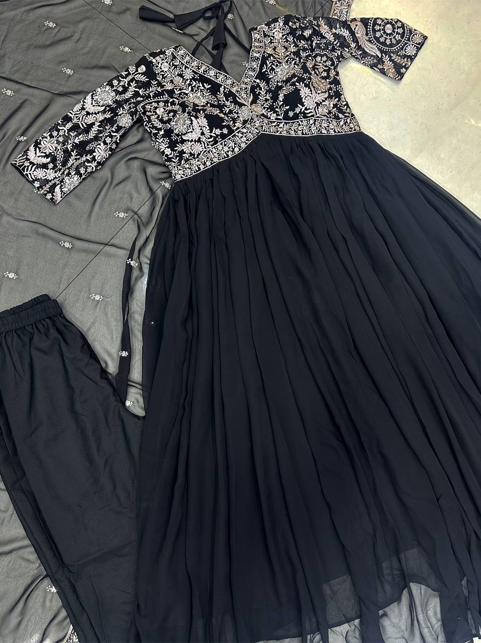 Elegance redefined: black embroidery gown with dupatta and pant