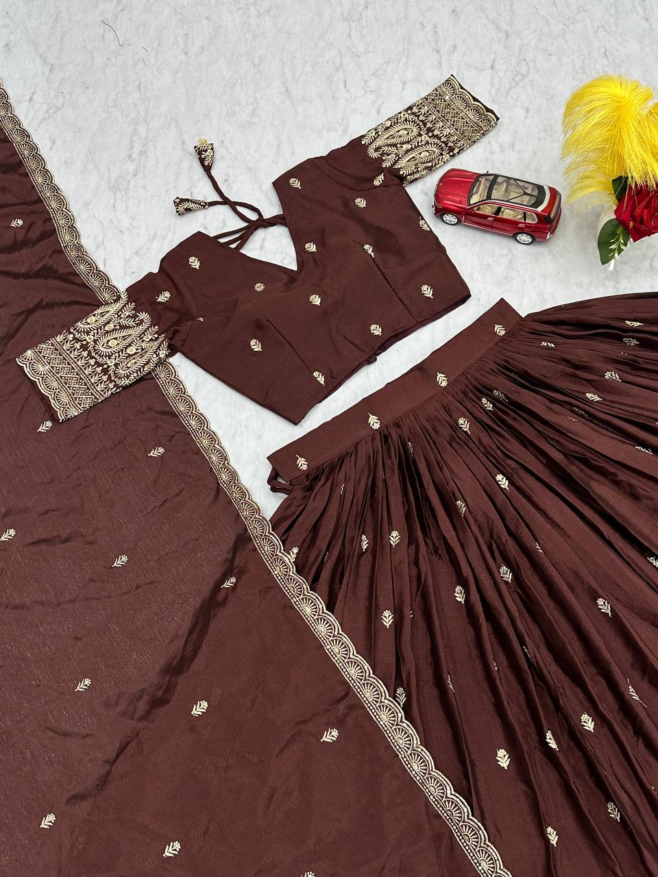 Heavy Embroidered Chinon Lehenga Set with Dupatta