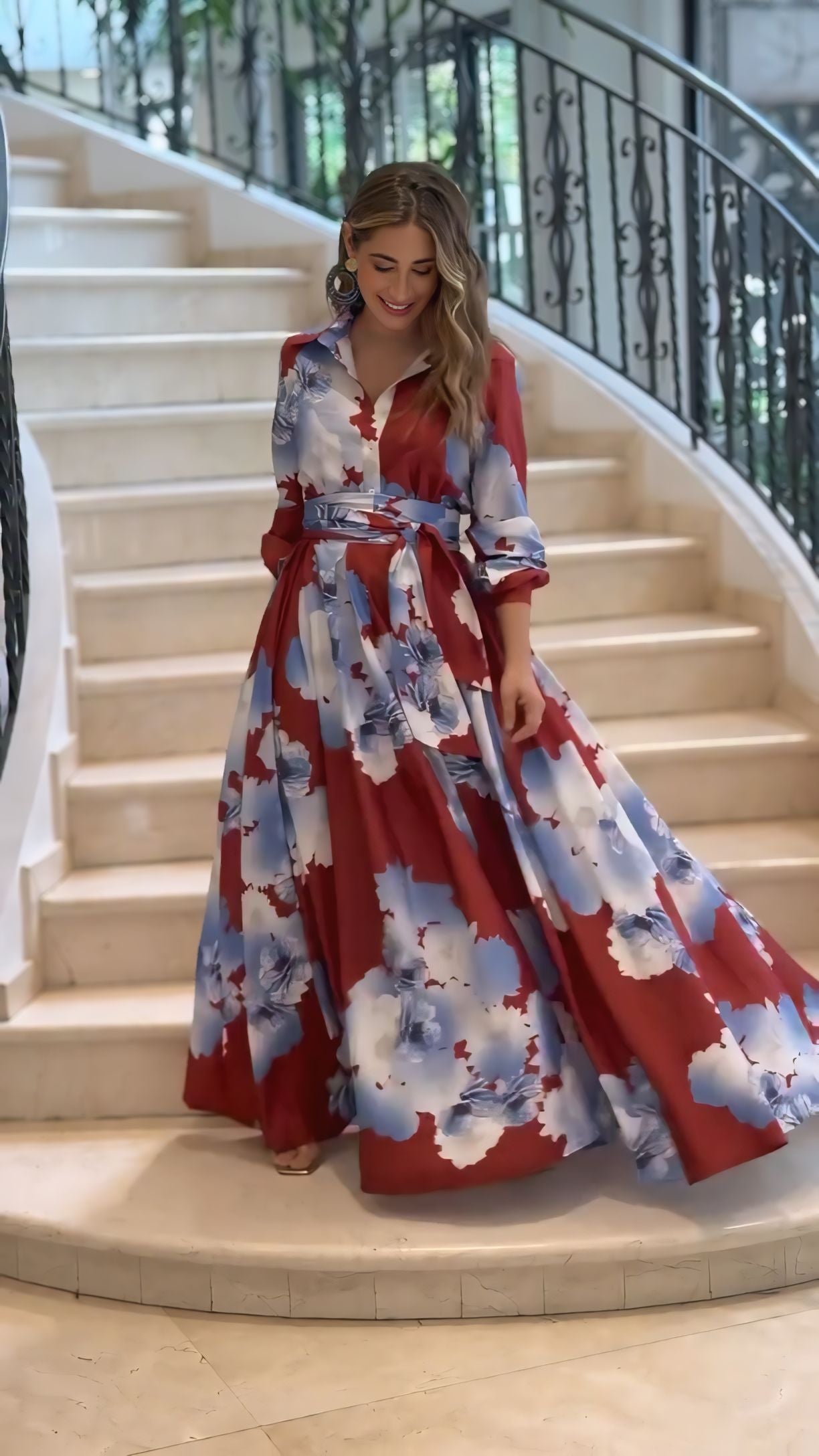 Luxe Floral Print Belted Maxi Shirt Dress