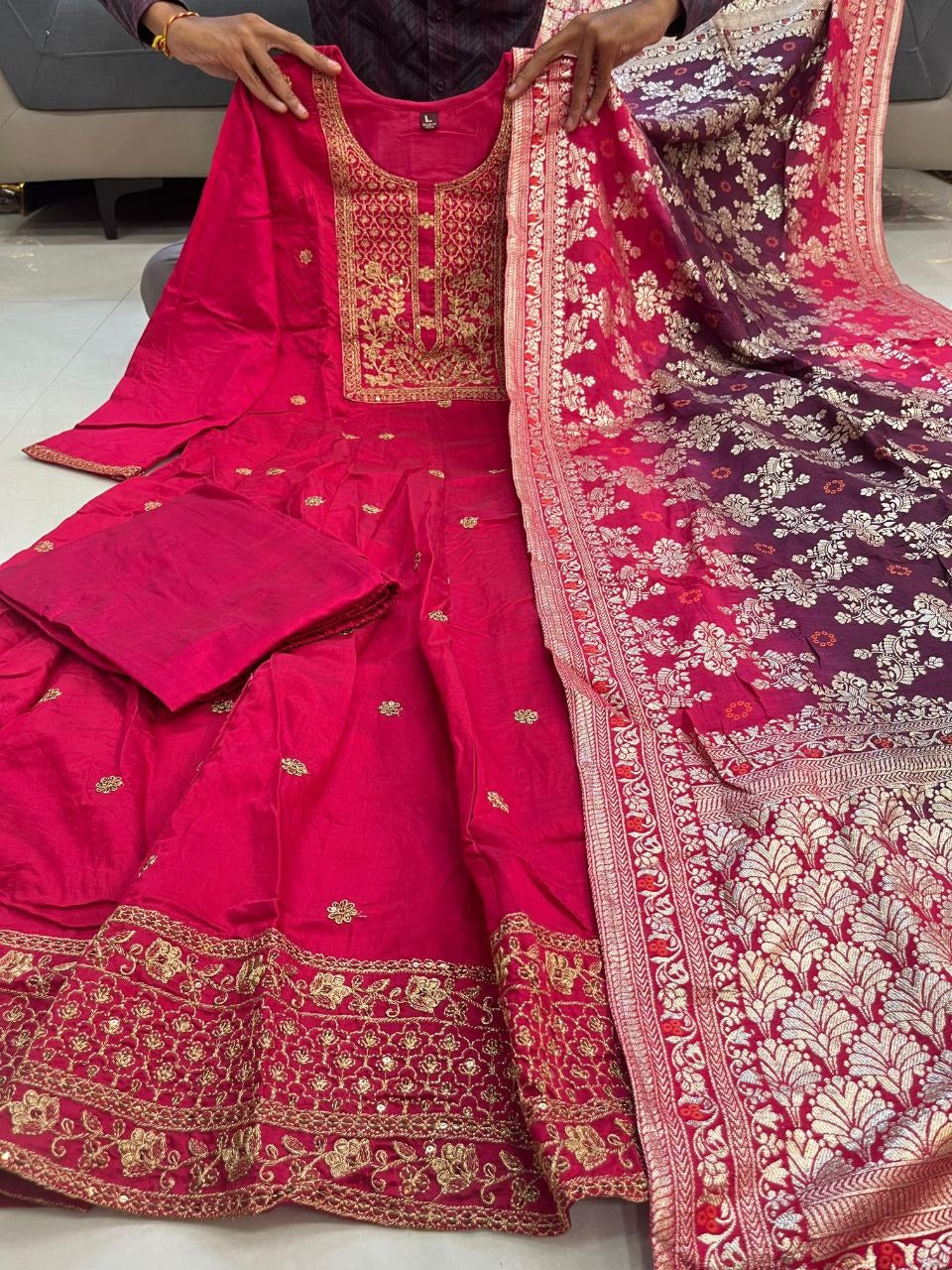Elegant Banana Silk Anarkali Kurti Set with Banarasi Dupatta