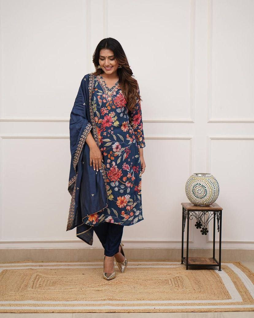 Pure Russian Silk Kurti Set with Embroidered Chanderi Dupatta
