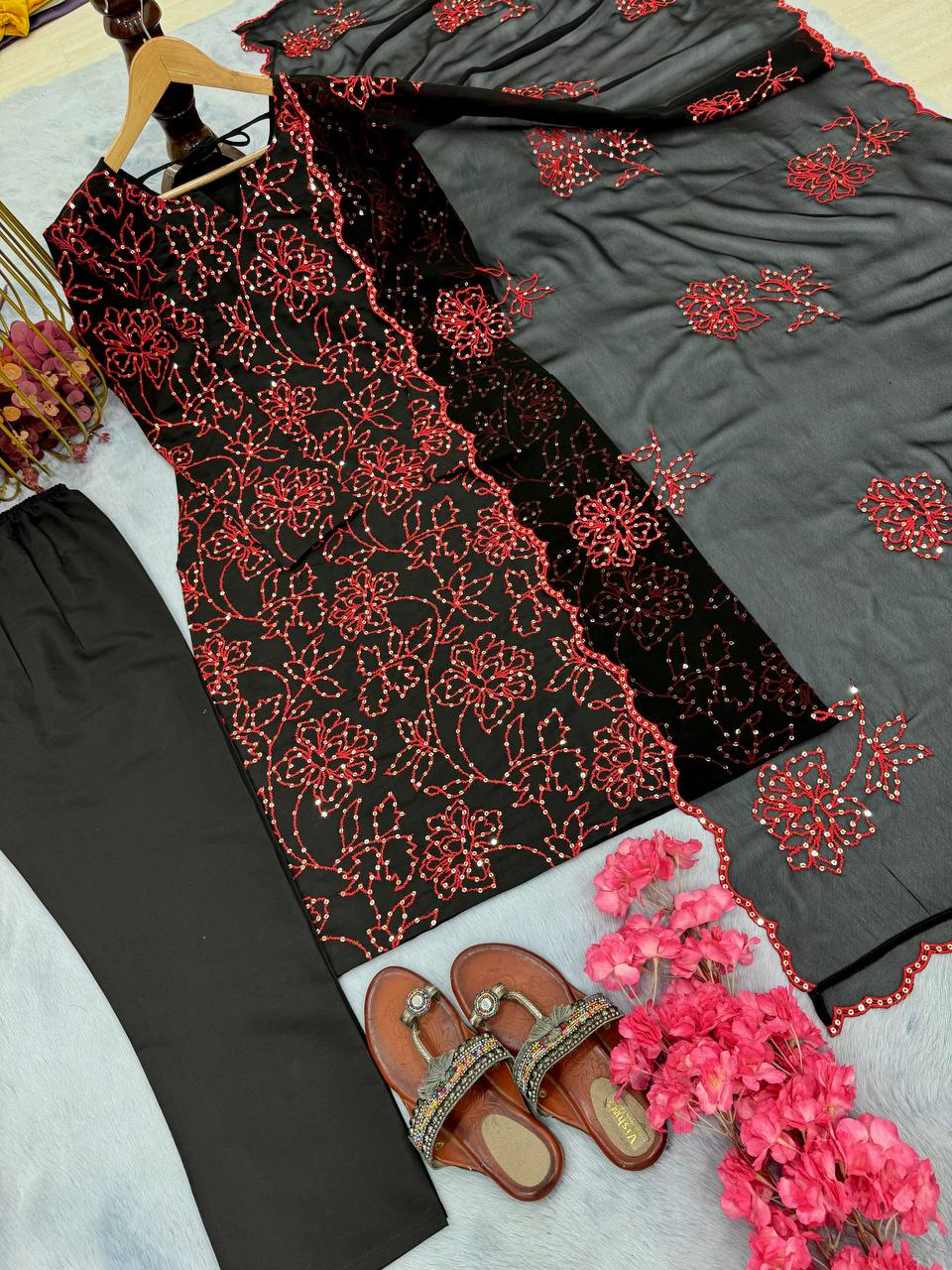 Roman Silk Embroidered Suit with Cutwork Dupatta