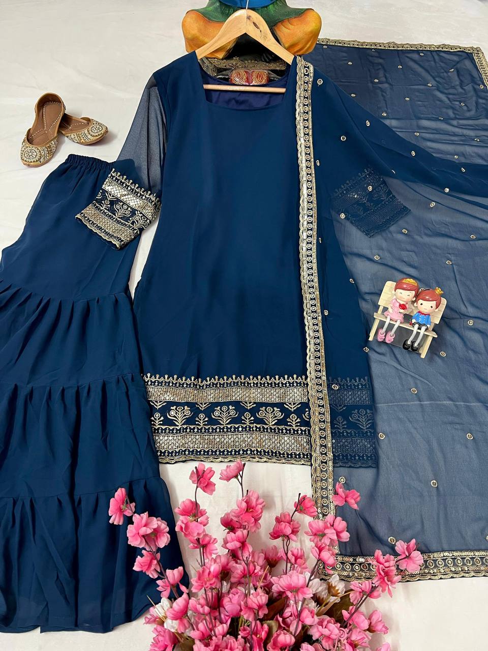 Georgette Kurti with Ruffled Sharara & Sequins Embroidered Dupatta Set