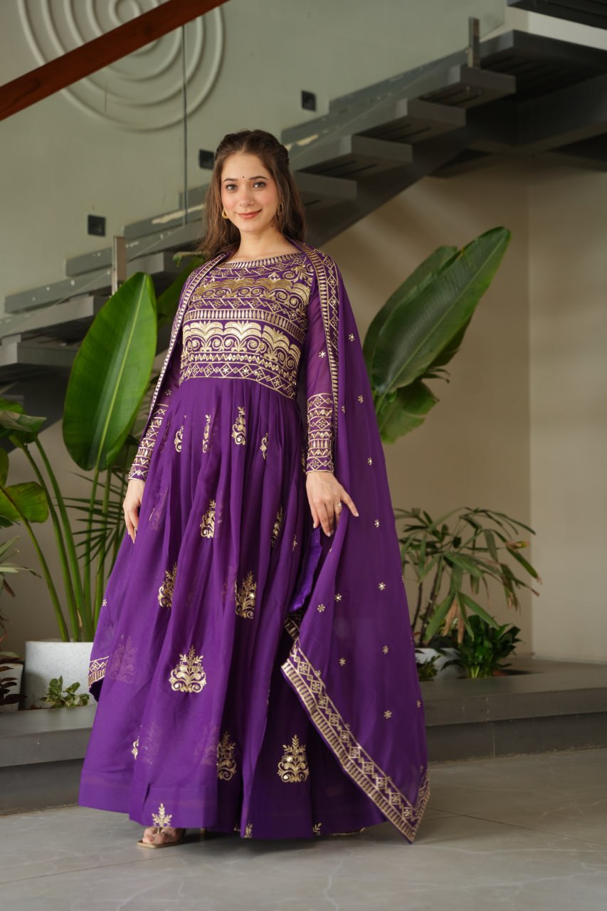 Chinnon Embroidered Gown with Dupatta – Rama & Purple