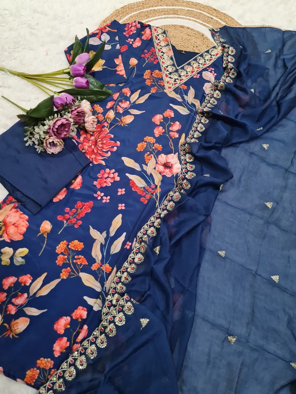 Pure Russian Silk Kurti Set with Embroidered Chanderi Dupatta