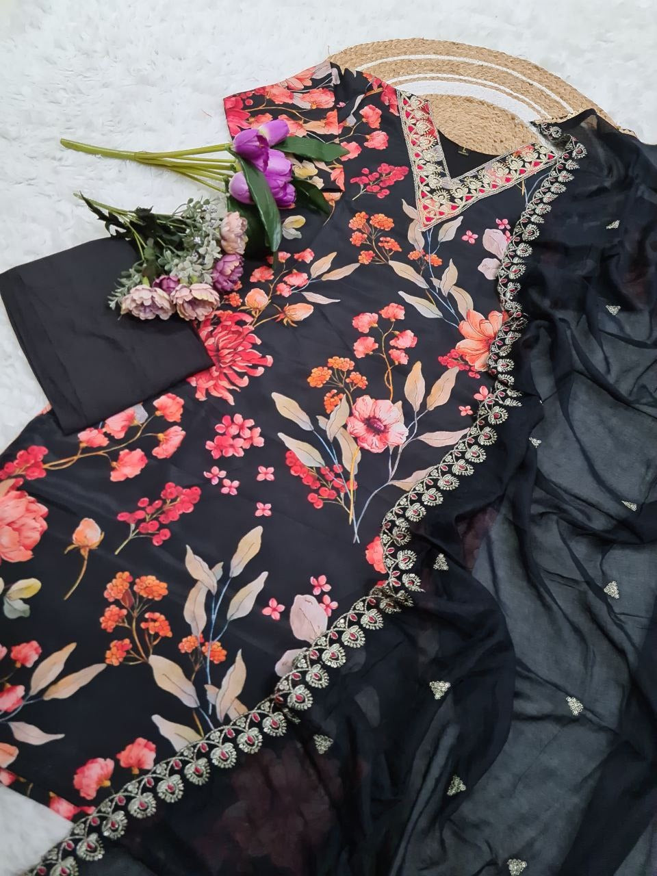 Pure Russian Silk Kurti Set with Embroidered Chanderi Dupatta