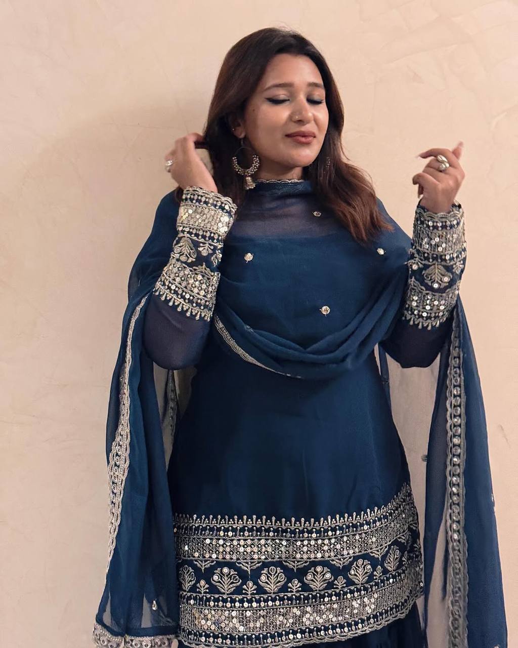 Georgette Kurti with Ruffled Sharara & Sequins Embroidered Dupatta Set