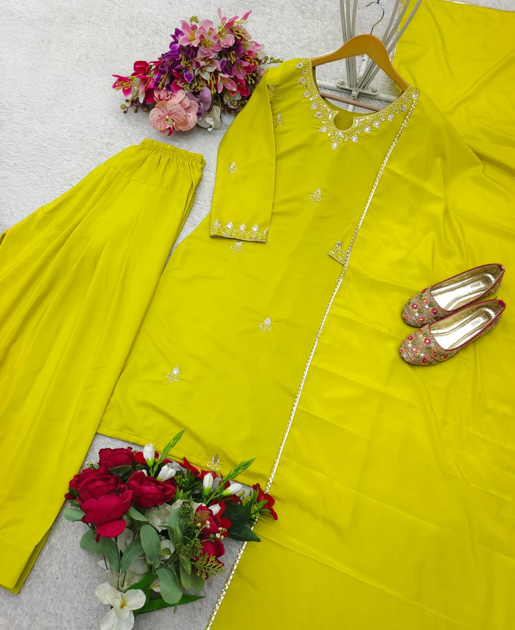 Premium Satin Silk Farshi Set with Heavy Embroidery & Dupatta
