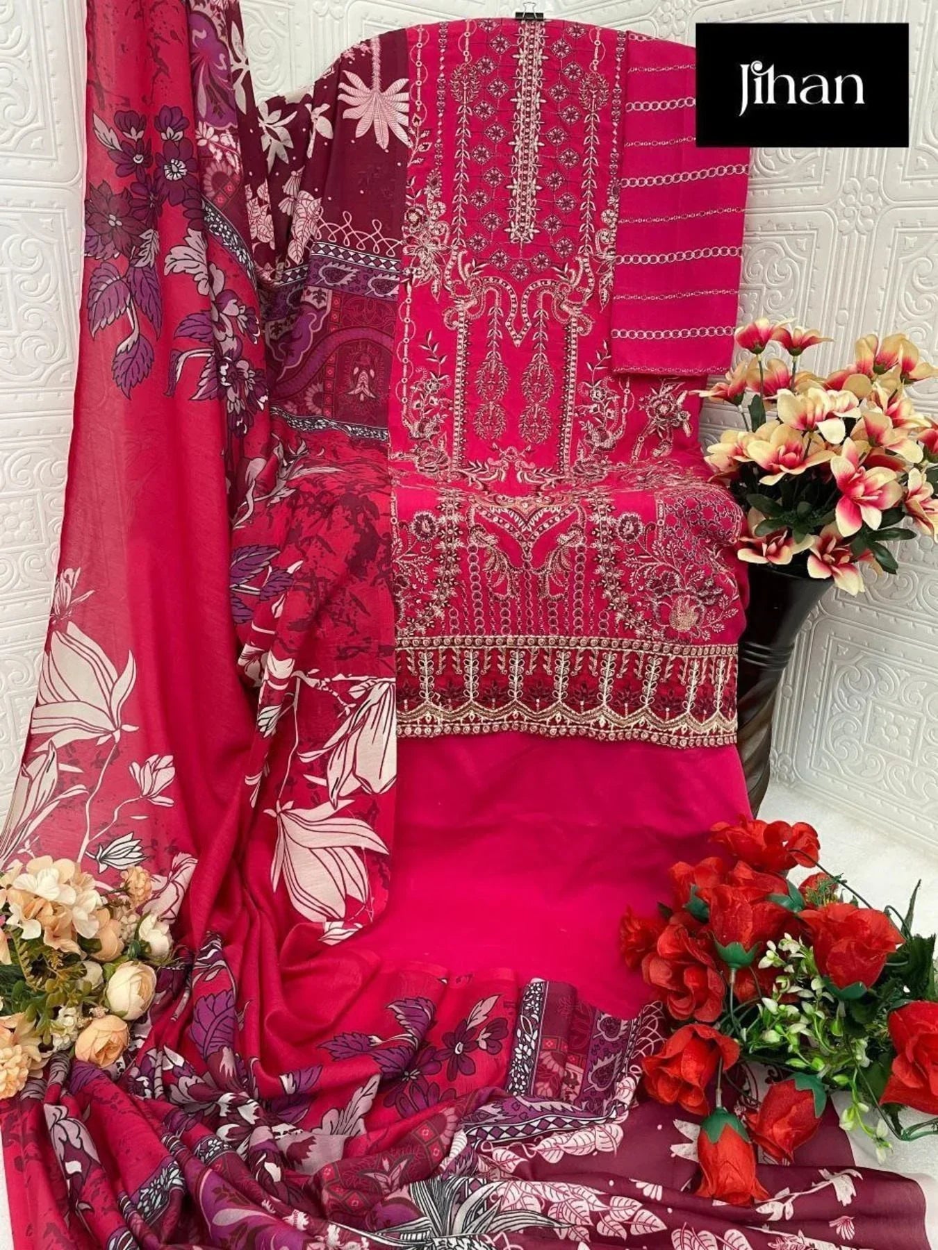 Luxurious Rayon Embroidery Suit Set With Cotton Dupatta