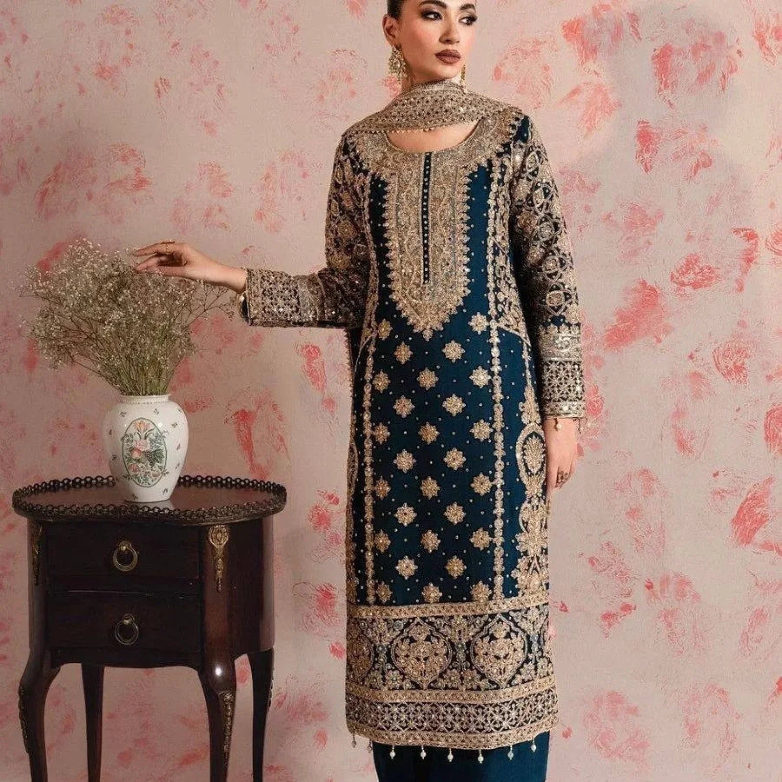 Perfect Teal Blue Color Readymade Suits With Thread And Sequin Work At Manufacturer Rate