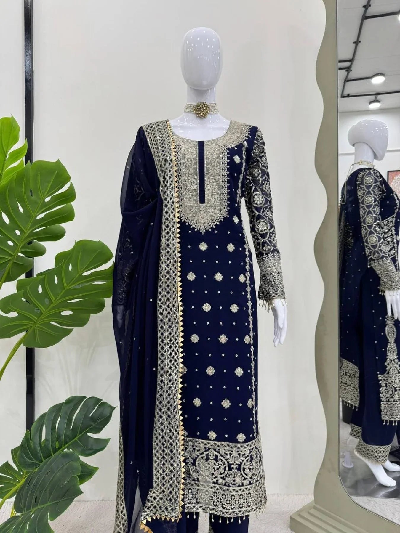 Perfect Teal Blue Color Readymade Suits With Thread And Sequin Work At Manufacturer Rate